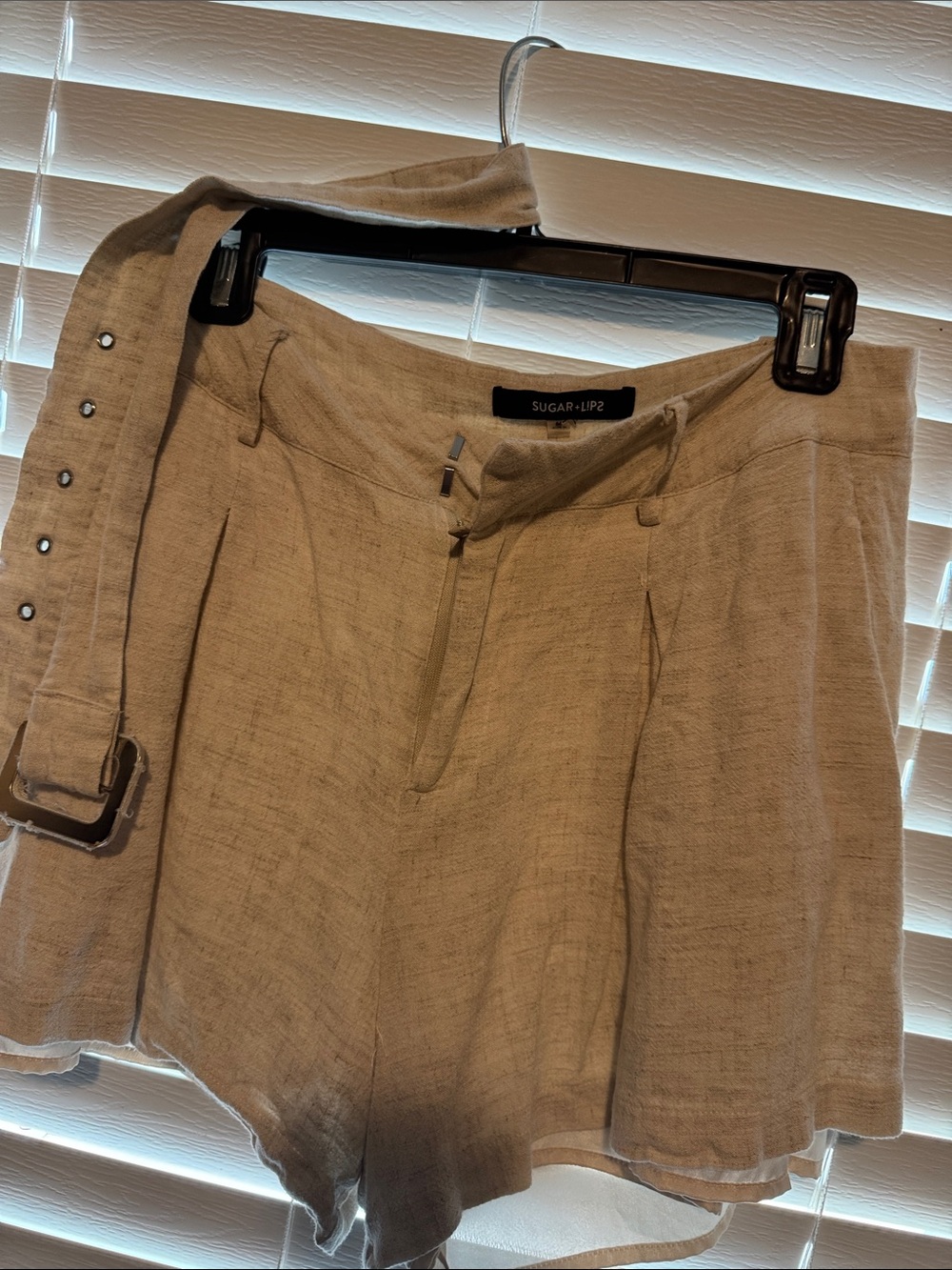 Sugarlips Beige Linen-Blend Chino Shorts with Belt